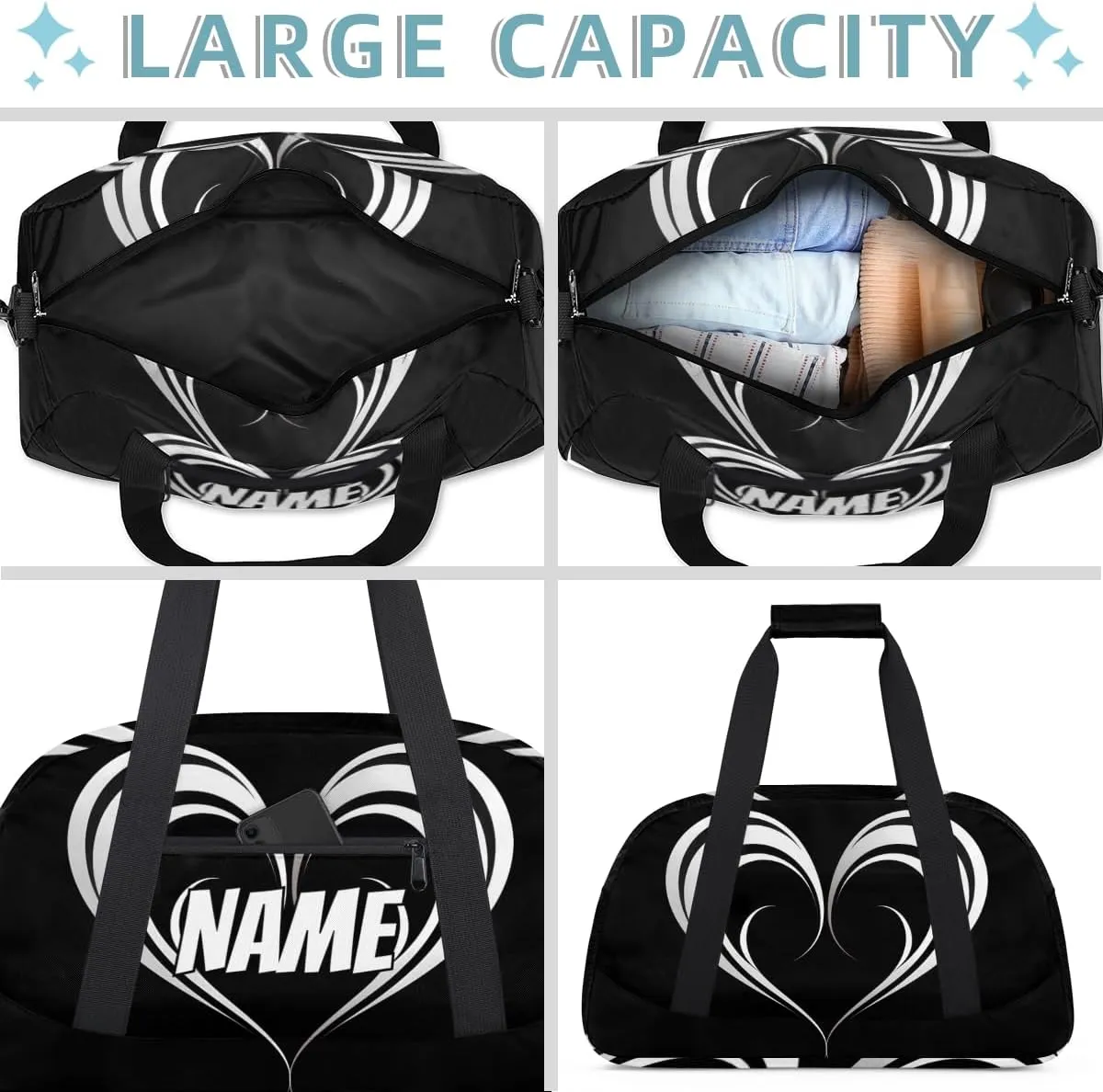 Personalized Custom Gym Bag for Women Men Carry on Black White Heart Travel Duffel Tote Abstract Overnight Workout Weekender Bag