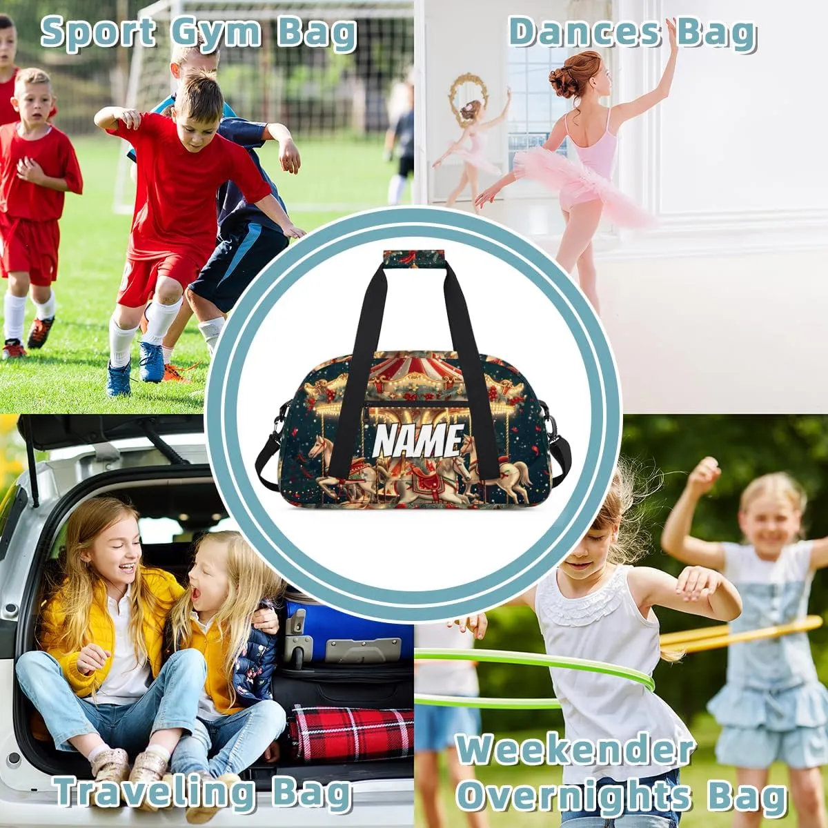 Personalized Custom Gym Bag for Women Men Carry on Christmas Travel Duffel Tote Carousel Horse Overnight Workout Weekender Bag