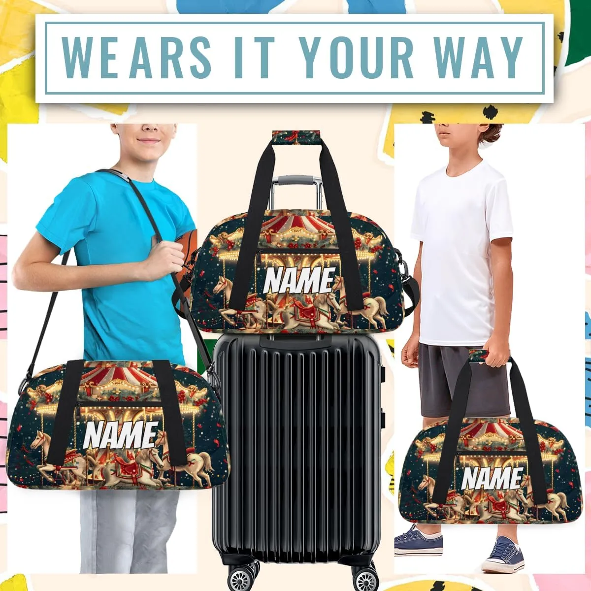 Personalized Custom Gym Bag for Women Men Carry on Christmas Travel Duffel Tote Carousel Horse Overnight Workout Weekender Bag