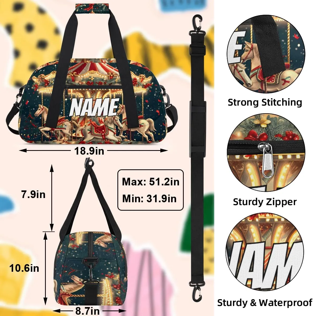Personalized Custom Gym Bag for Women Men Carry on Christmas Travel Duffel Tote Carousel Horse Overnight Workout Weekender Bag