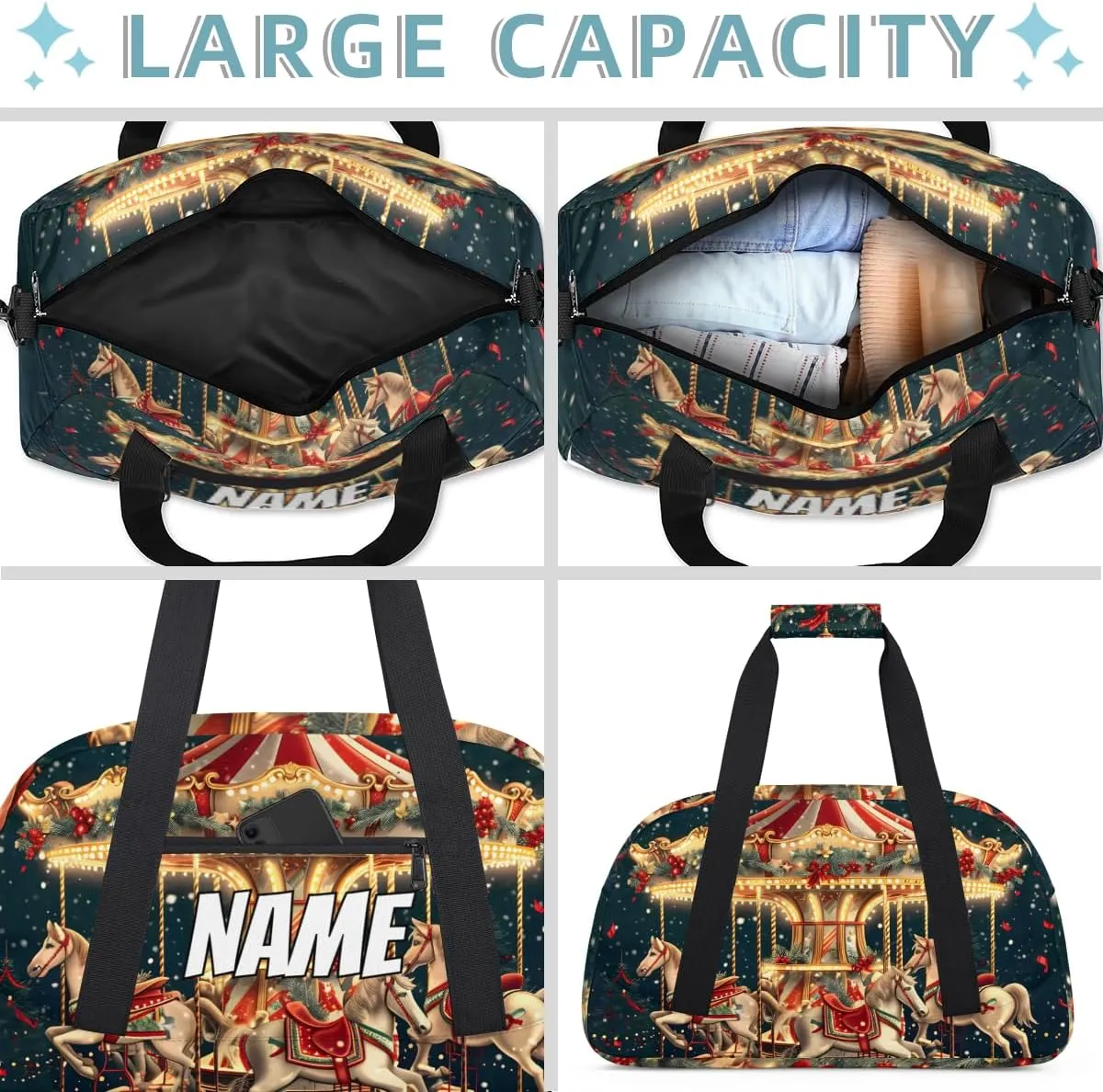 Personalized Custom Gym Bag for Women Men Carry on Christmas Travel Duffel Tote Carousel Horse Overnight Workout Weekender Bag