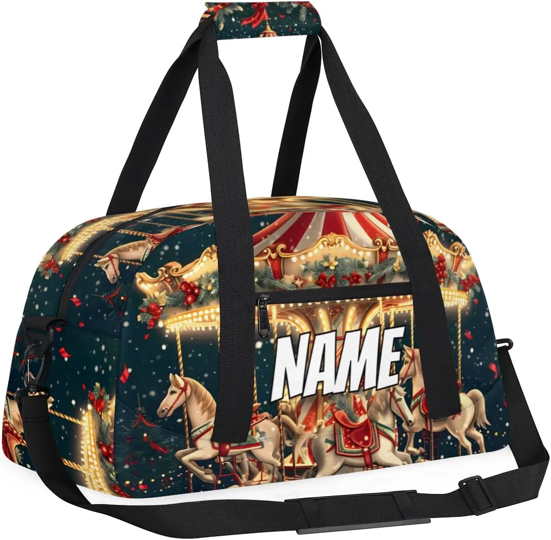 Personalized Custom Gym Bag for Women Men Carry on Christmas Travel Duffel Tote Carousel Horse Overnight Workout Weekender Bag