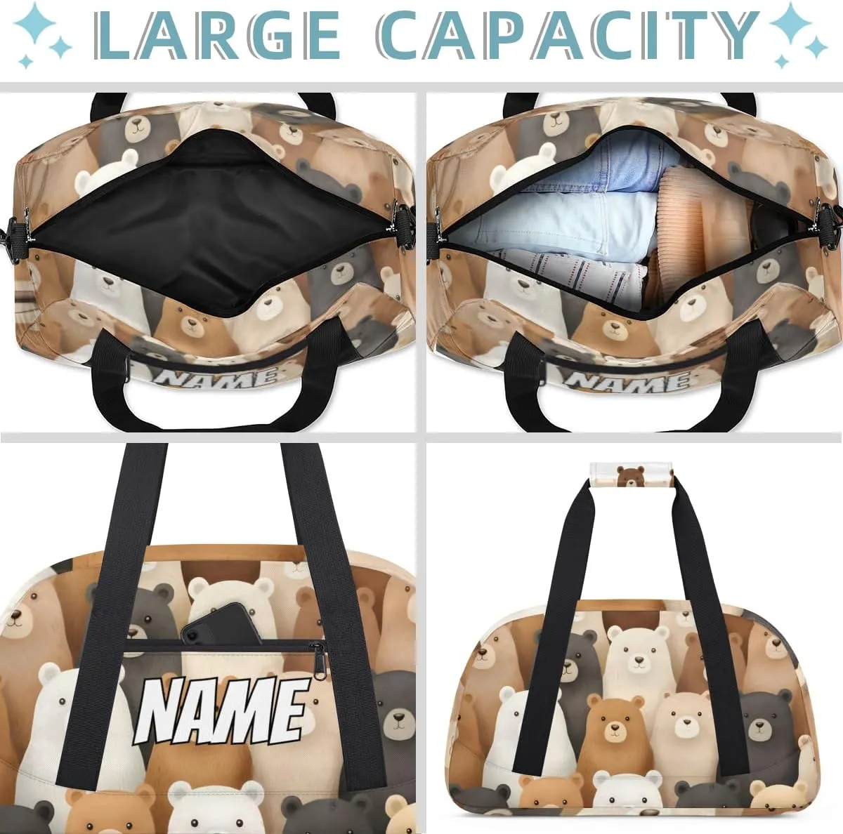 Personalized Custom Gym Bag for Women Men Carry on Cute Bear Travel Duffel Tote Cartoon Bear Overnight Workout Weekender Bag