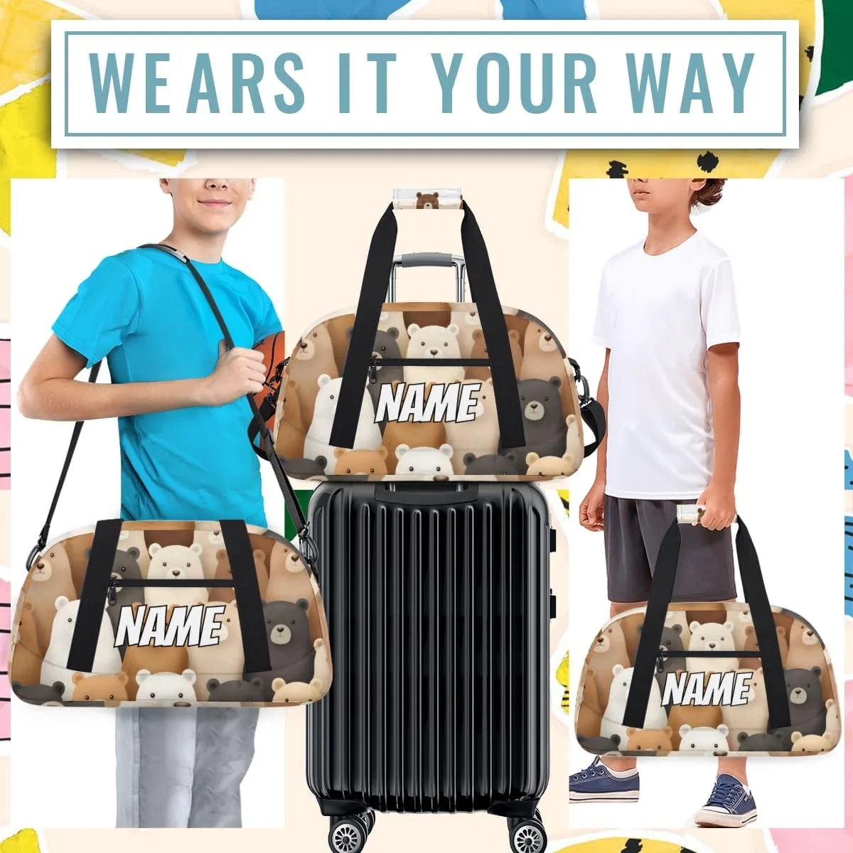 Personalized Custom Gym Bag for Women Men Carry on Cute Bear Travel Duffel Tote Cartoon Bear Overnight Workout Weekender Bag