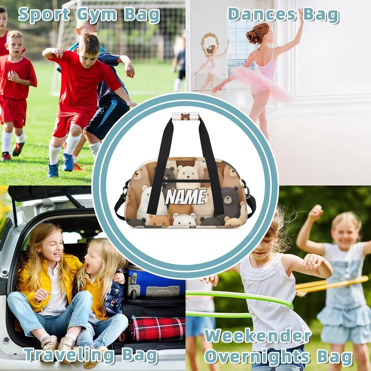 Personalized Custom Gym Bag for Women Men Carry on Cute Bear Travel Duffel Tote Cartoon Bear Overnight Workout Weekender Bag