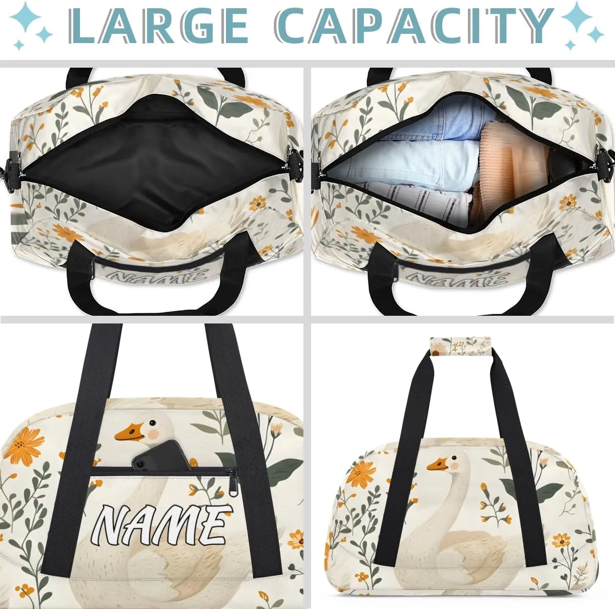 Personalized Custom Gym Bag for Women Men Carry on Cute Goose Travel Duffel Tote Farmhouse Daisy Overnight Workout Weekender Bag