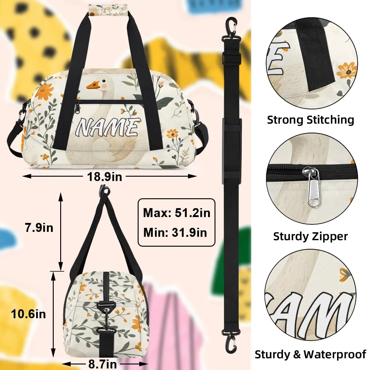 Personalized Custom Gym Bag for Women Men Carry on Cute Goose Travel Duffel Tote Farmhouse Daisy Overnight Workout Weekender Bag