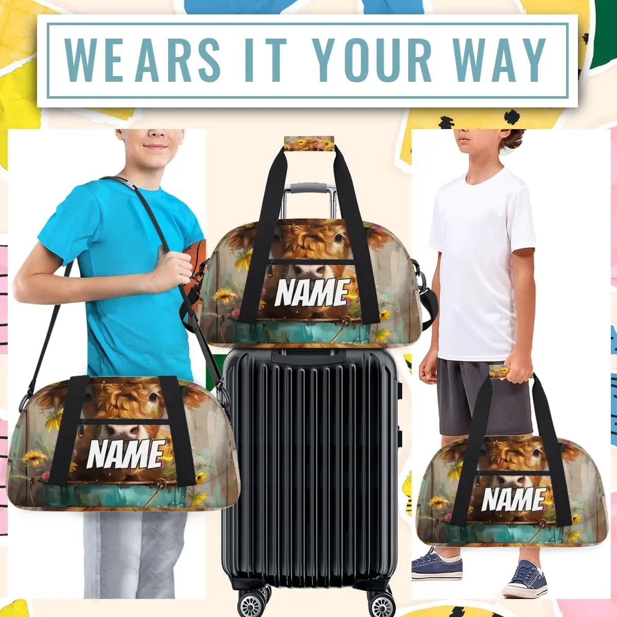 Personalized Custom Gym Bag for Women Men Carry on Cute Highland Cow Travel Duffel Tote Floral Sunflower Overnight Workout Weekender Bag