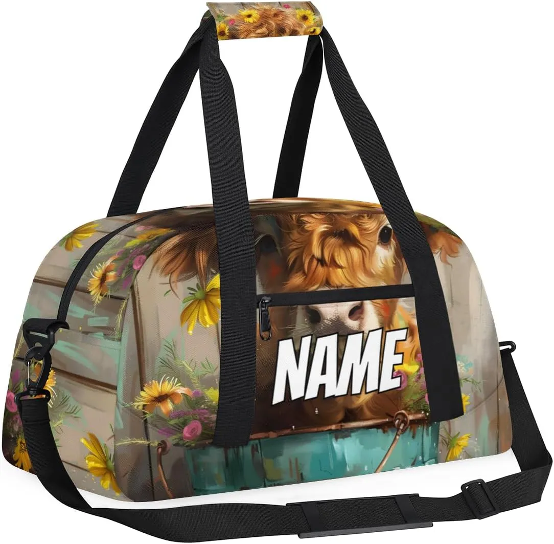 Personalized Custom Gym Bag for Women Men Carry on Cute Highland Cow Travel Duffel Tote Floral Sunflower Overnight Workout Weekender Bag