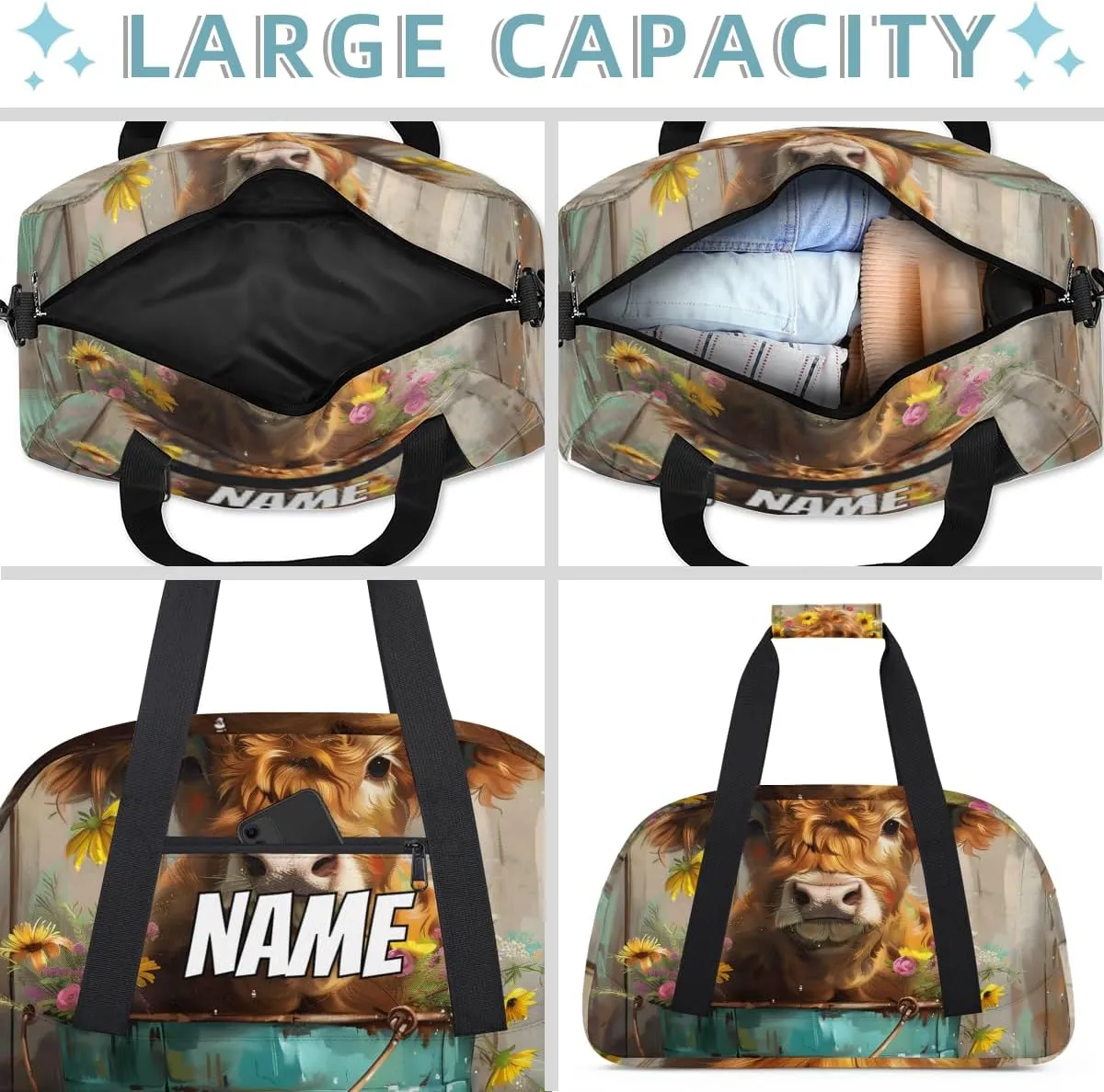 Personalized Custom Gym Bag for Women Men Carry on Cute Highland Cow Travel Duffel Tote Floral Sunflower Overnight Workout Weekender Bag