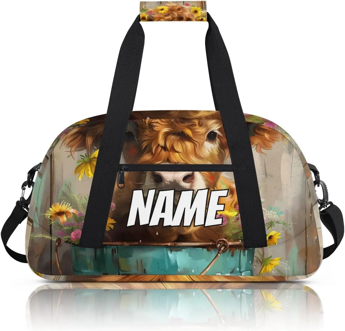 Personalized Custom Gym Bag for Women Men Carry on Cute Highland Cow Travel Duffel Tote Floral Sunflower Overnight Workout Weekender Bag
