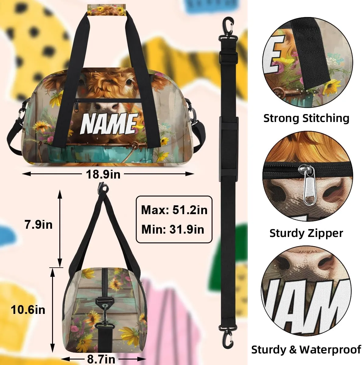 Personalized Custom Gym Bag for Women Men Carry on Cute Highland Cow Travel Duffel Tote Floral Sunflower Overnight Workout Weekender Bag