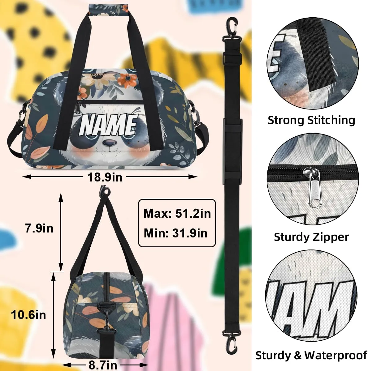 Personalized Custom Gym Bag for Women Men Carry on Cute Panda Flower Travel Duffel Tote Wild Animal Overnight Workout Weekender Bag