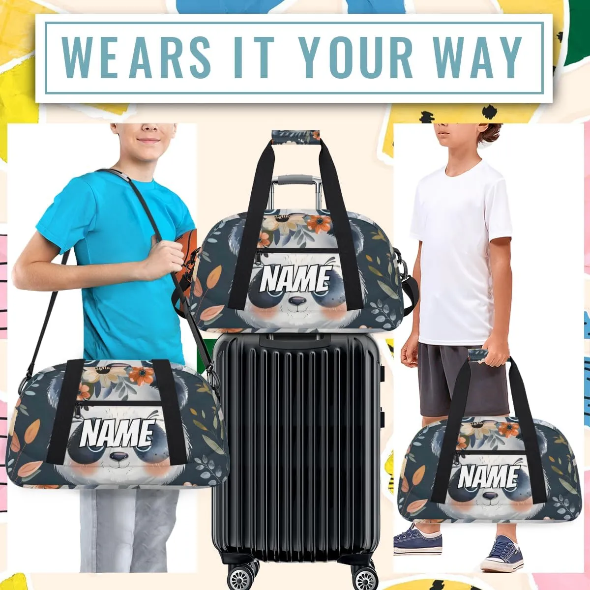 Personalized Custom Gym Bag for Women Men Carry on Cute Panda Flower Travel Duffel Tote Wild Animal Overnight Workout Weekender Bag