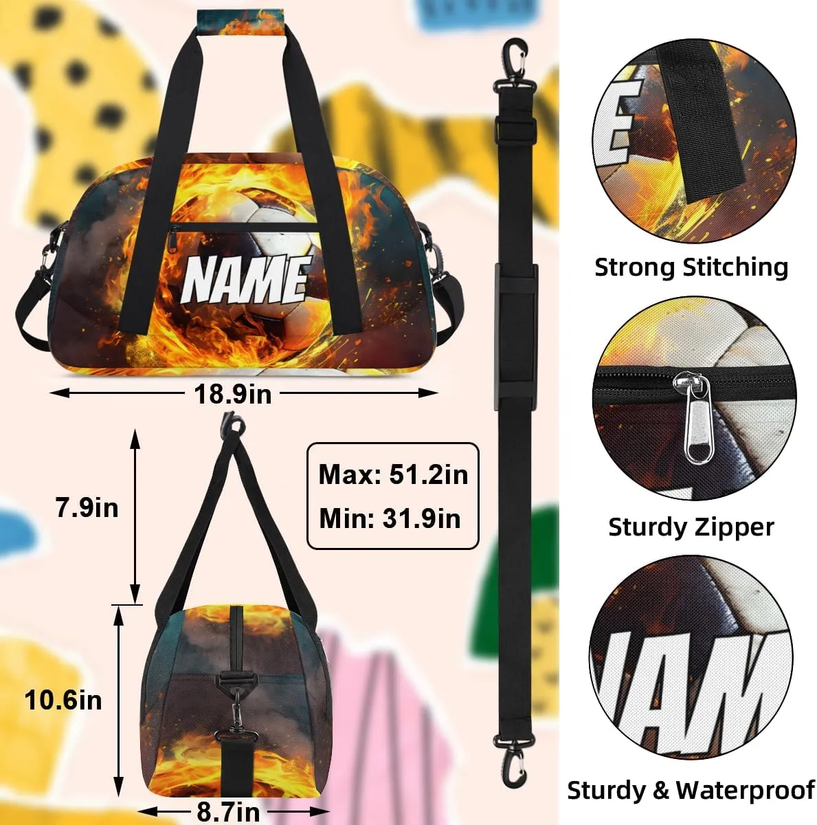 Personalized Custom Gym Bag for Women Men Carry on Fire Soccer Travel Duffel Tote Modern Sports Overnight Workout Weekender Bag