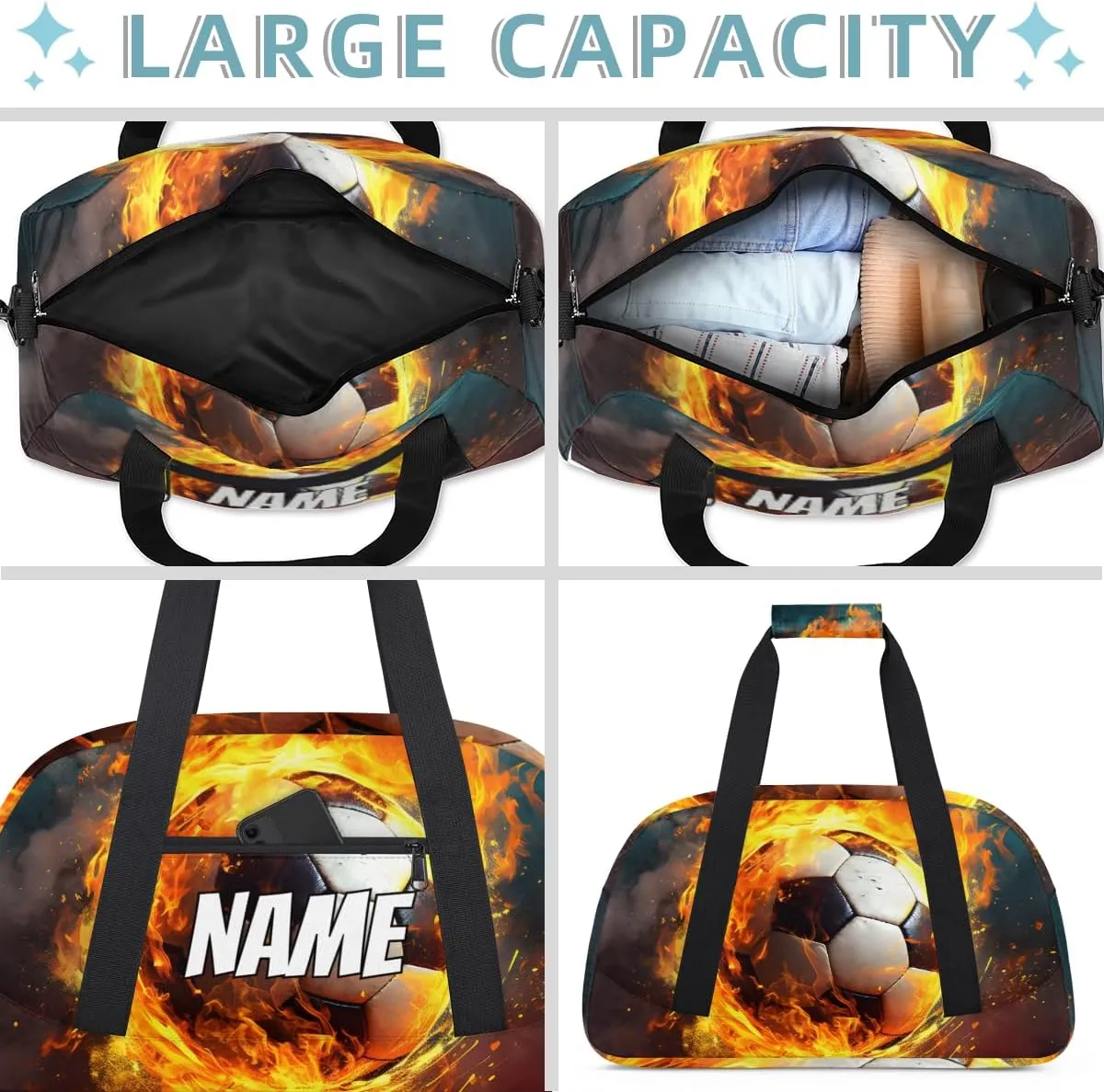 Personalized Custom Gym Bag for Women Men Carry on Fire Soccer Travel Duffel Tote Modern Sports Overnight Workout Weekender Bag