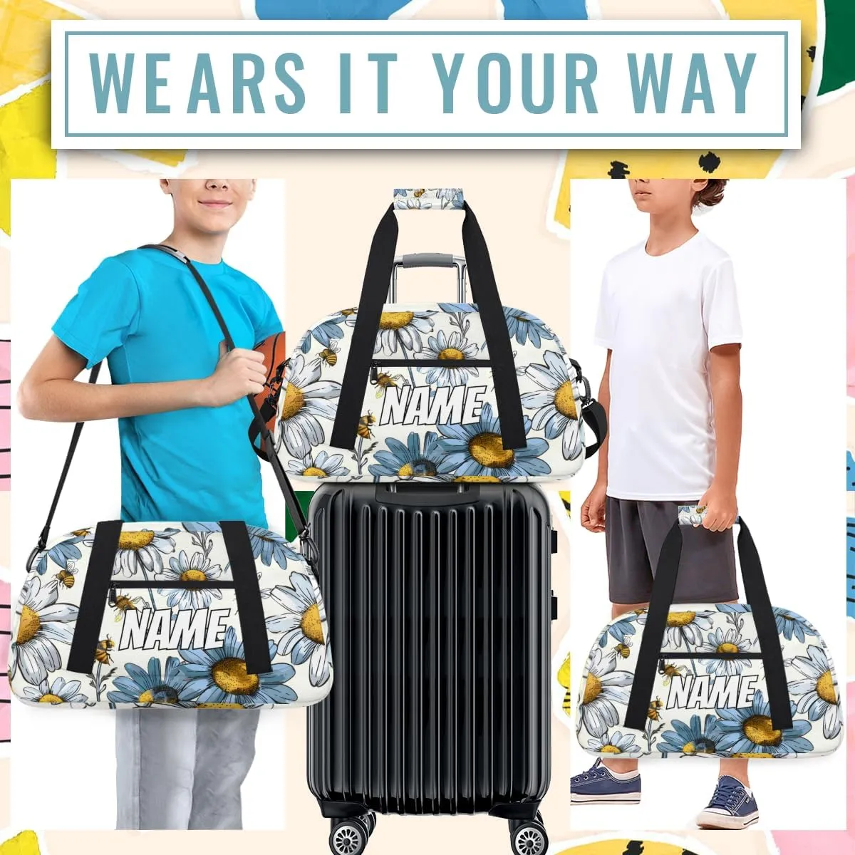 Personalized Custom Gym Bag for Women Men Carry on Floral Daisy Travel Duffel Tote Yellow Bee Overnight Workout Weekender Bag