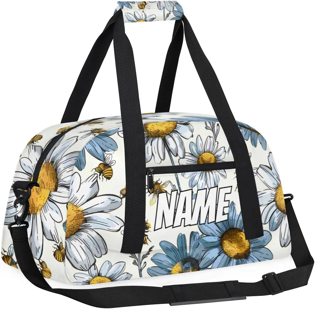 Personalized Custom Gym Bag for Women Men Carry on Floral Daisy Travel Duffel Tote Yellow Bee Overnight Workout Weekender Bag