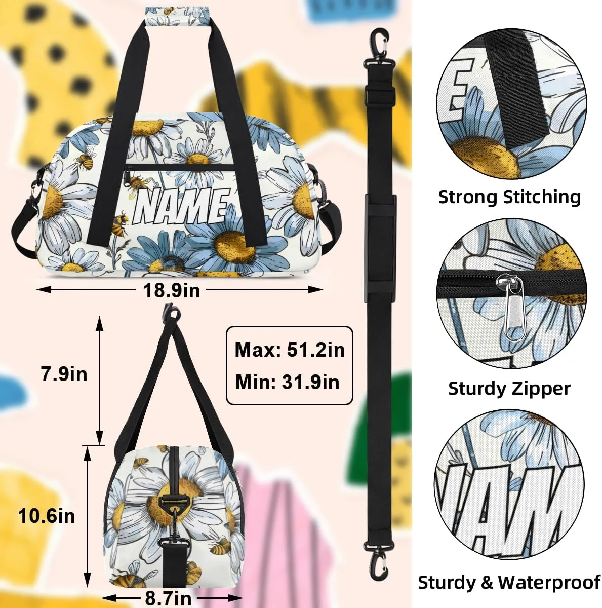 Personalized Custom Gym Bag for Women Men Carry on Floral Daisy Travel Duffel Tote Yellow Bee Overnight Workout Weekender Bag