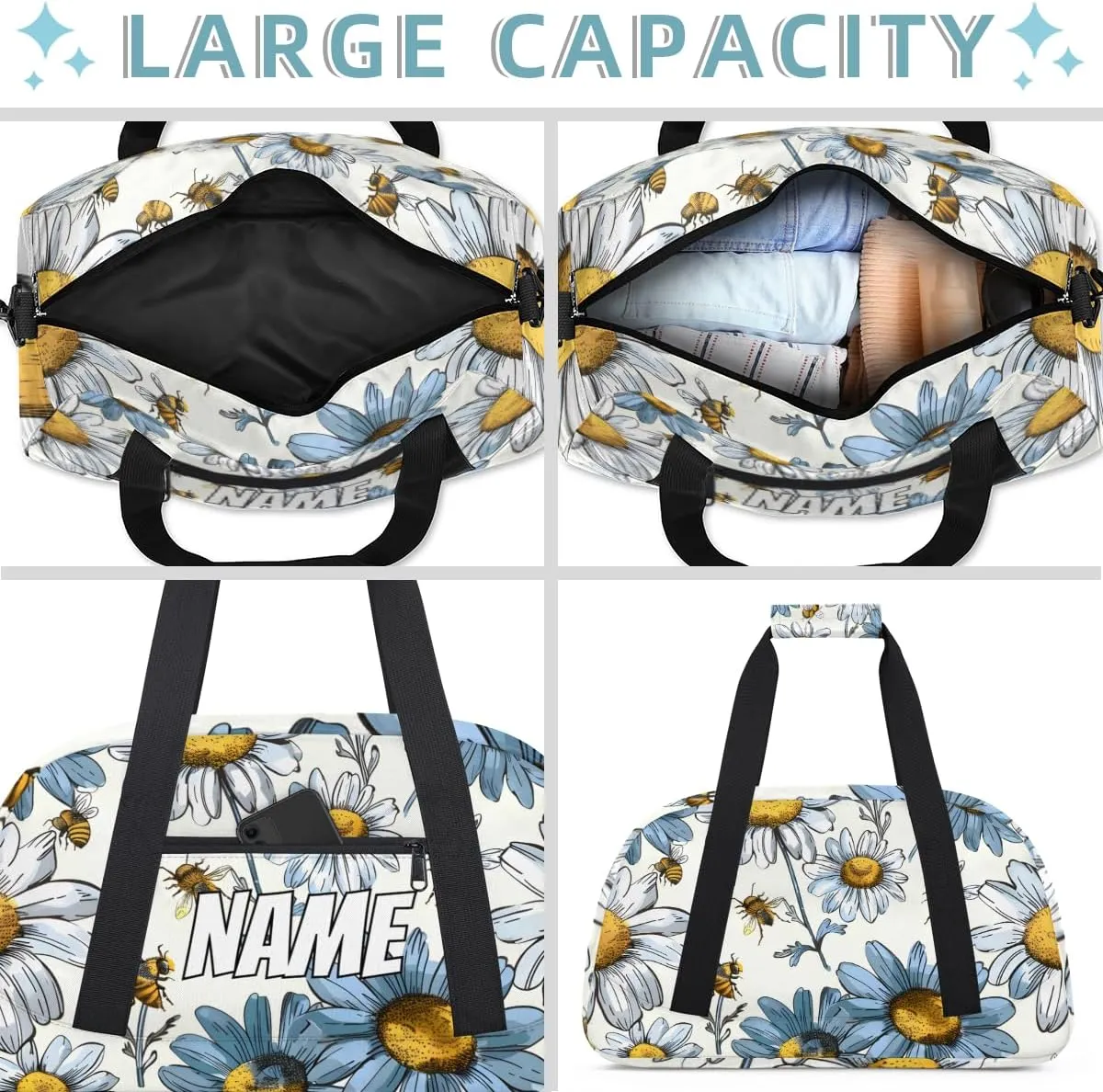 Personalized Custom Gym Bag for Women Men Carry on Floral Daisy Travel Duffel Tote Yellow Bee Overnight Workout Weekender Bag