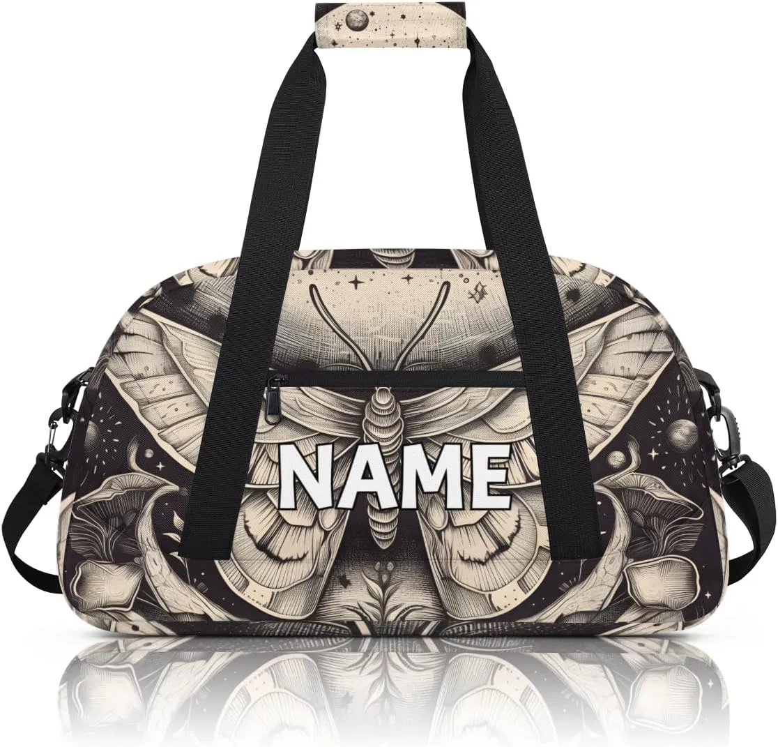 Personalized Custom Gym Bag for Women Men Carry on Gothic Moth Travel Duffel Tote Grey Retro Overnight Workout Weekender Bag