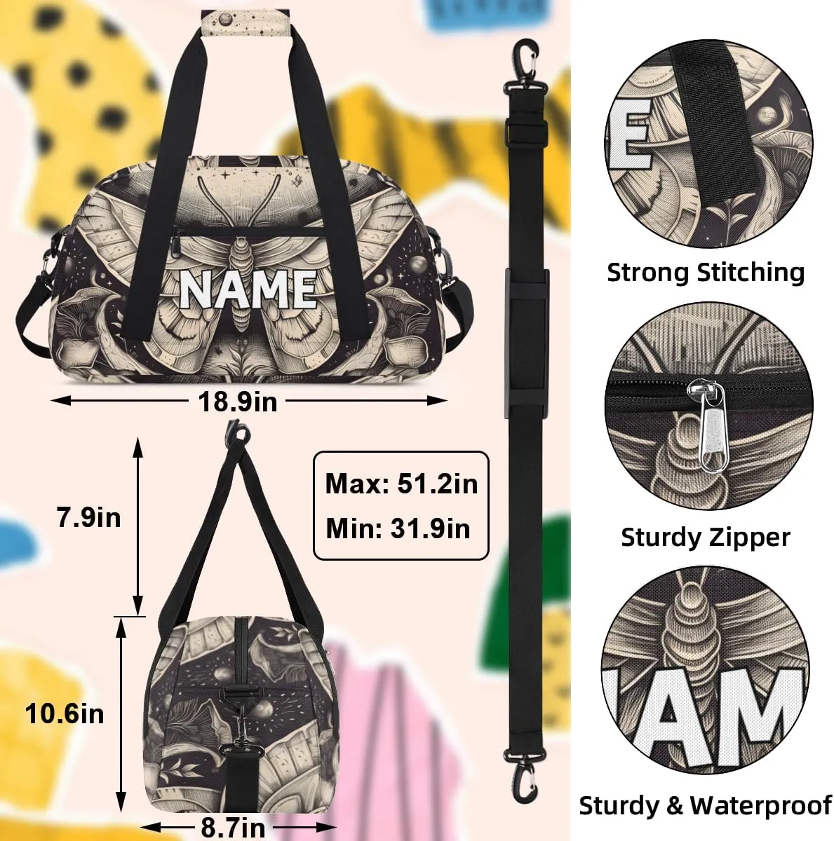 Personalized Custom Gym Bag for Women Men Carry on Gothic Moth Travel Duffel Tote Grey Retro Overnight Workout Weekender Bag