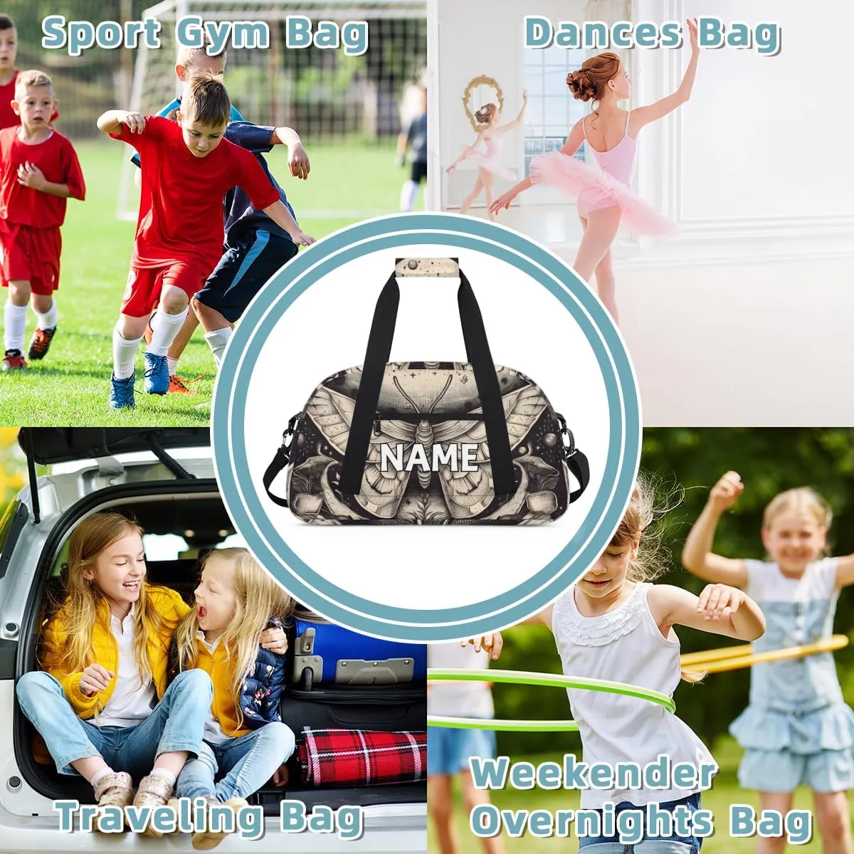 Personalized Custom Gym Bag for Women Men Carry on Gothic Moth Travel Duffel Tote Grey Retro Overnight Workout Weekender Bag