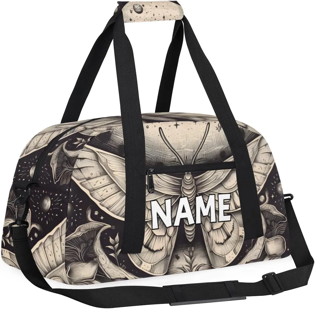 Personalized Custom Gym Bag for Women Men Carry on Gothic Moth Travel Duffel Tote Grey Retro Overnight Workout Weekender Bag