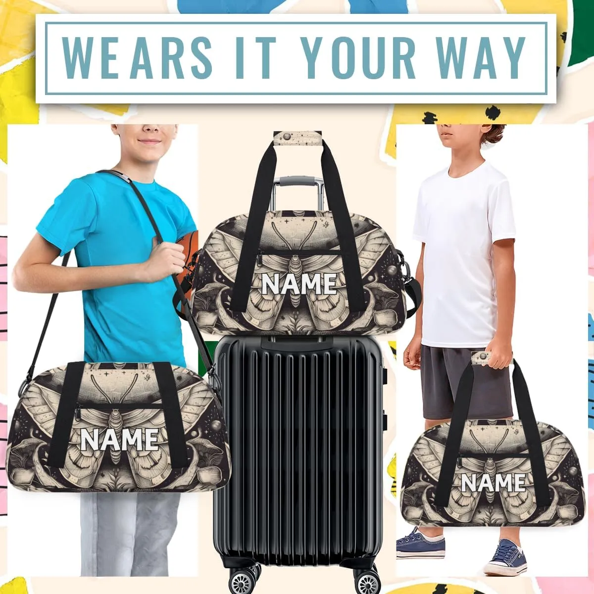 Personalized Custom Gym Bag for Women Men Carry on Gothic Moth Travel Duffel Tote Grey Retro Overnight Workout Weekender Bag