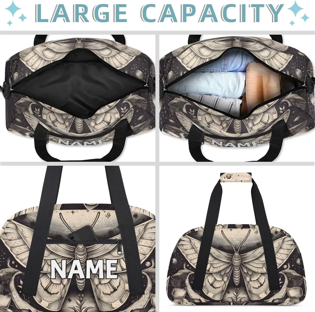 Personalized Custom Gym Bag for Women Men Carry on Gothic Moth Travel Duffel Tote Grey Retro Overnight Workout Weekender Bag