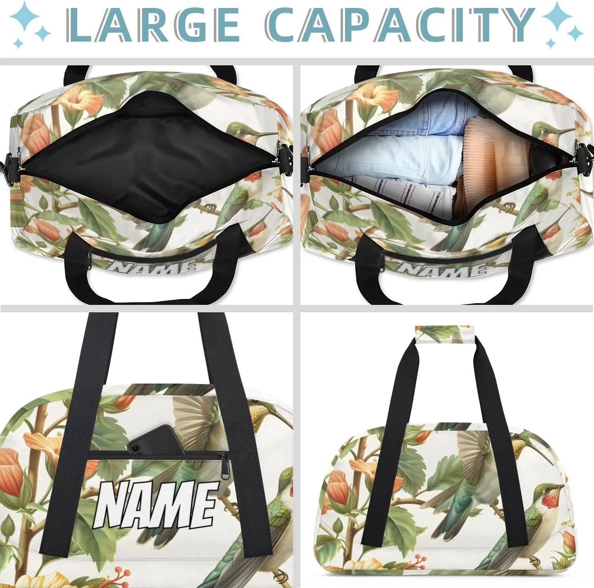 Personalized Custom Gym Bag for Women Men Carry on Green Hummingbird Travel Duffel Tote Yellow Floral Overnight Workout Weekender Bag