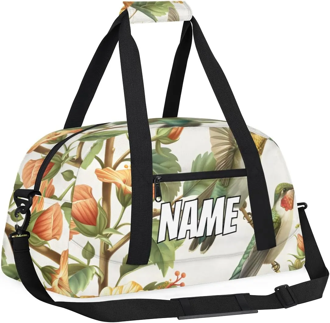 Personalized Custom Gym Bag for Women Men Carry on Green Hummingbird Travel Duffel Tote Yellow Floral Overnight Workout Weekender Bag