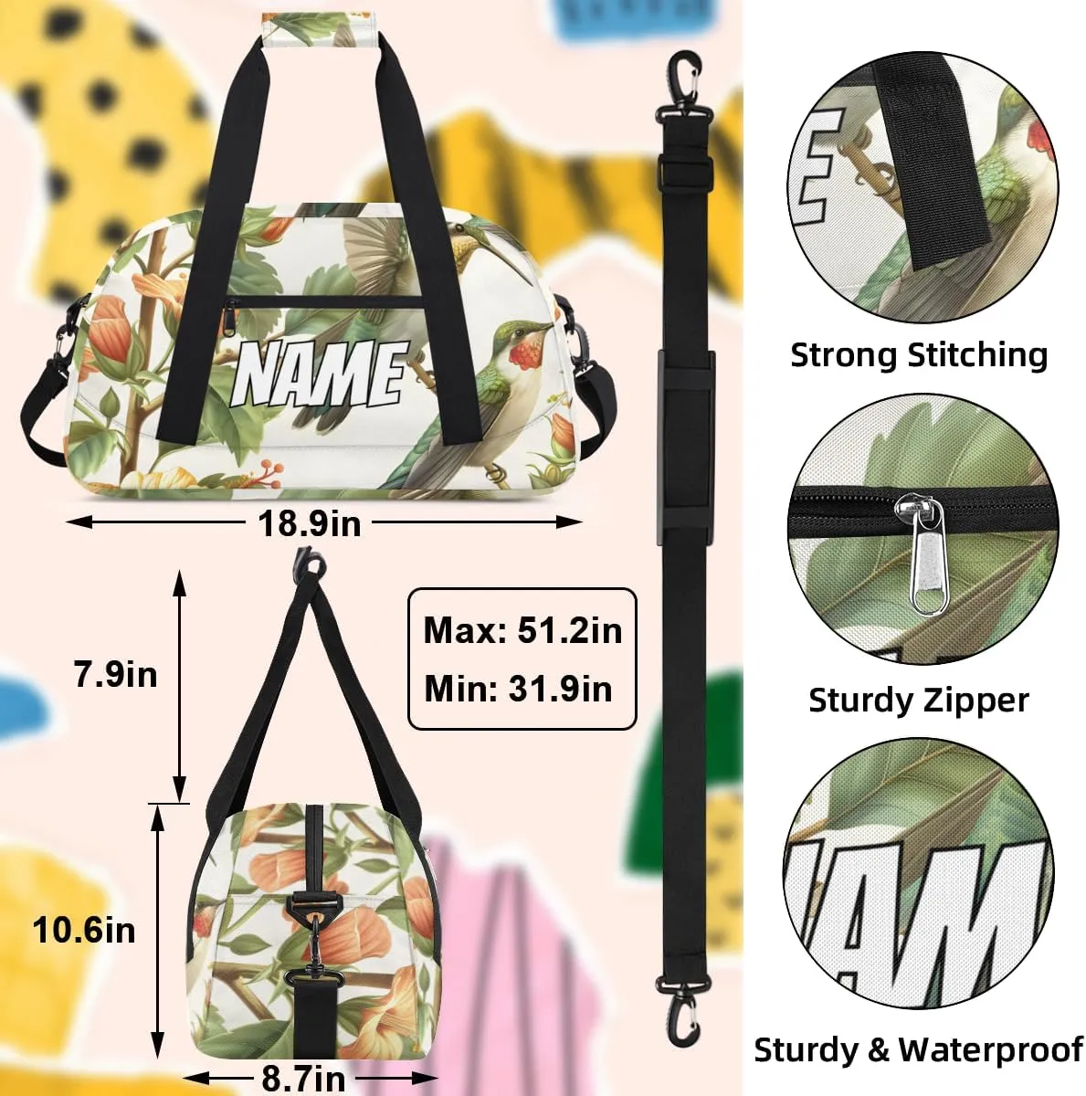 Personalized Custom Gym Bag for Women Men Carry on Green Hummingbird Travel Duffel Tote Yellow Floral Overnight Workout Weekender Bag