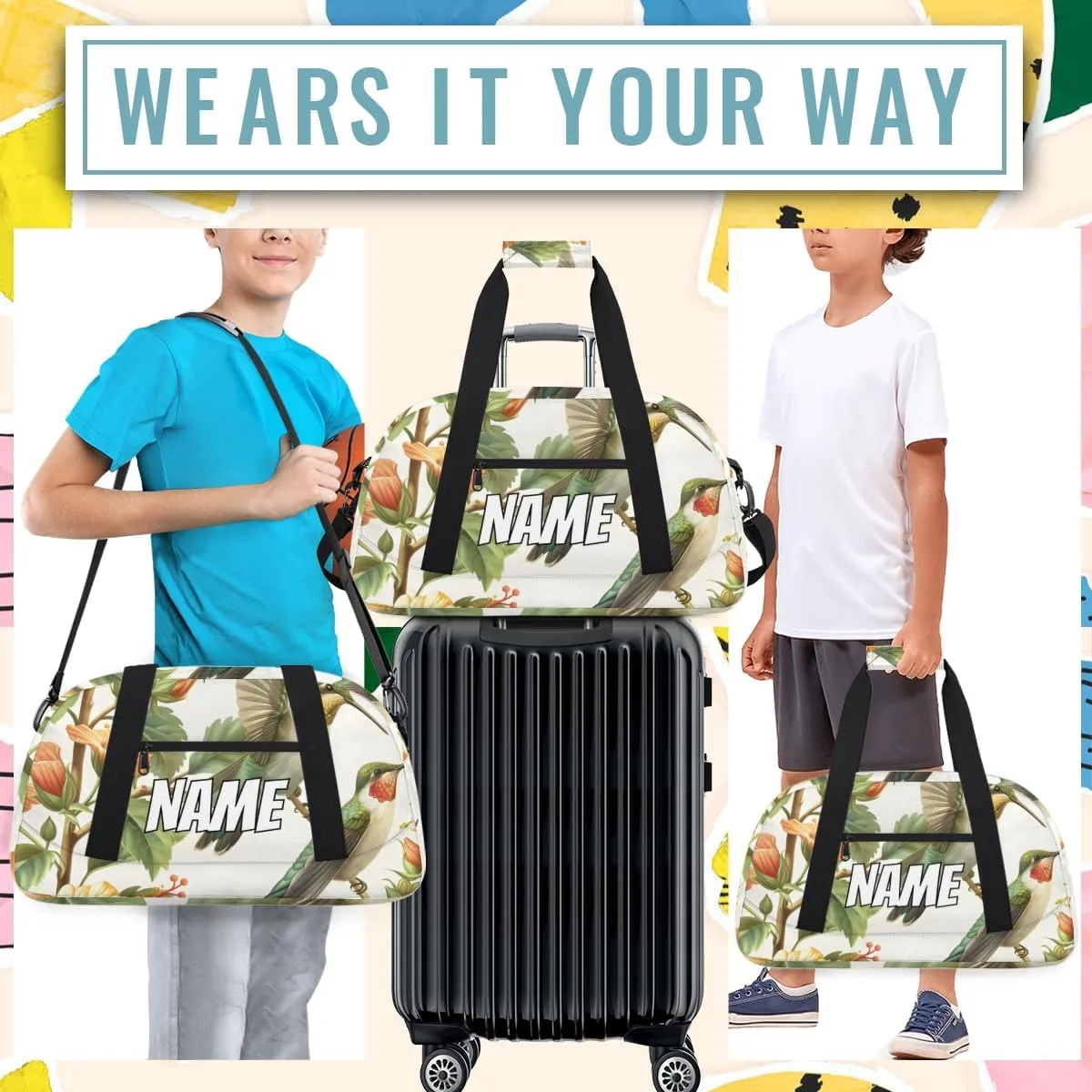 Personalized Custom Gym Bag for Women Men Carry on Green Hummingbird Travel Duffel Tote Yellow Floral Overnight Workout Weekender Bag