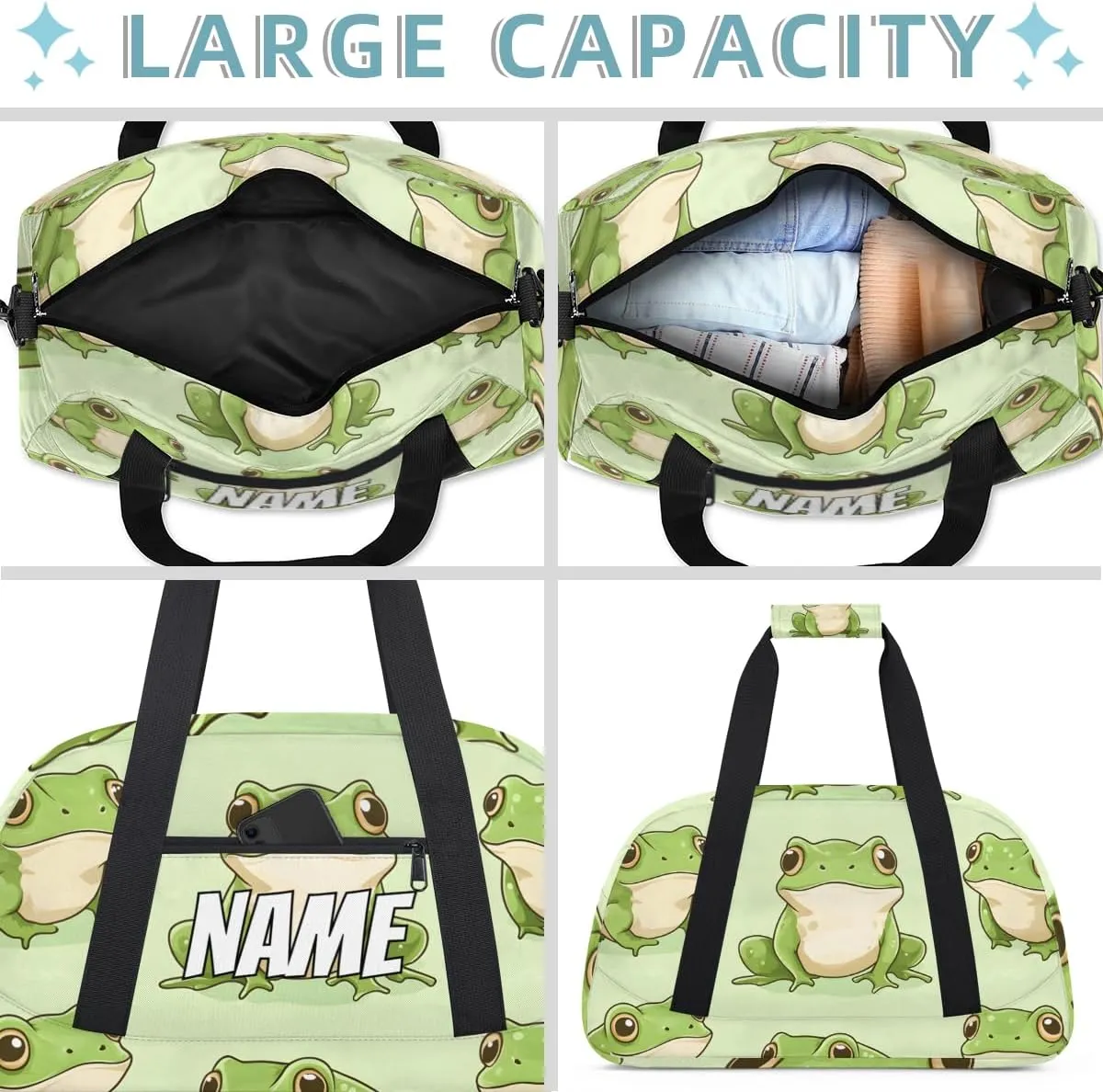Personalized Custom Gym Bag for Women Men Carry on Kawaii Frogs Travel Duffel Tote Cartoon Animals Frog Overnight Workout Weekender Bag