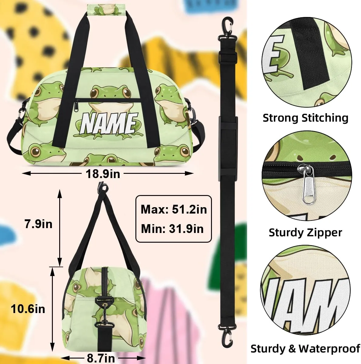 Personalized Custom Gym Bag for Women Men Carry on Kawaii Frogs Travel Duffel Tote Cartoon Animals Frog Overnight Workout Weekender Bag