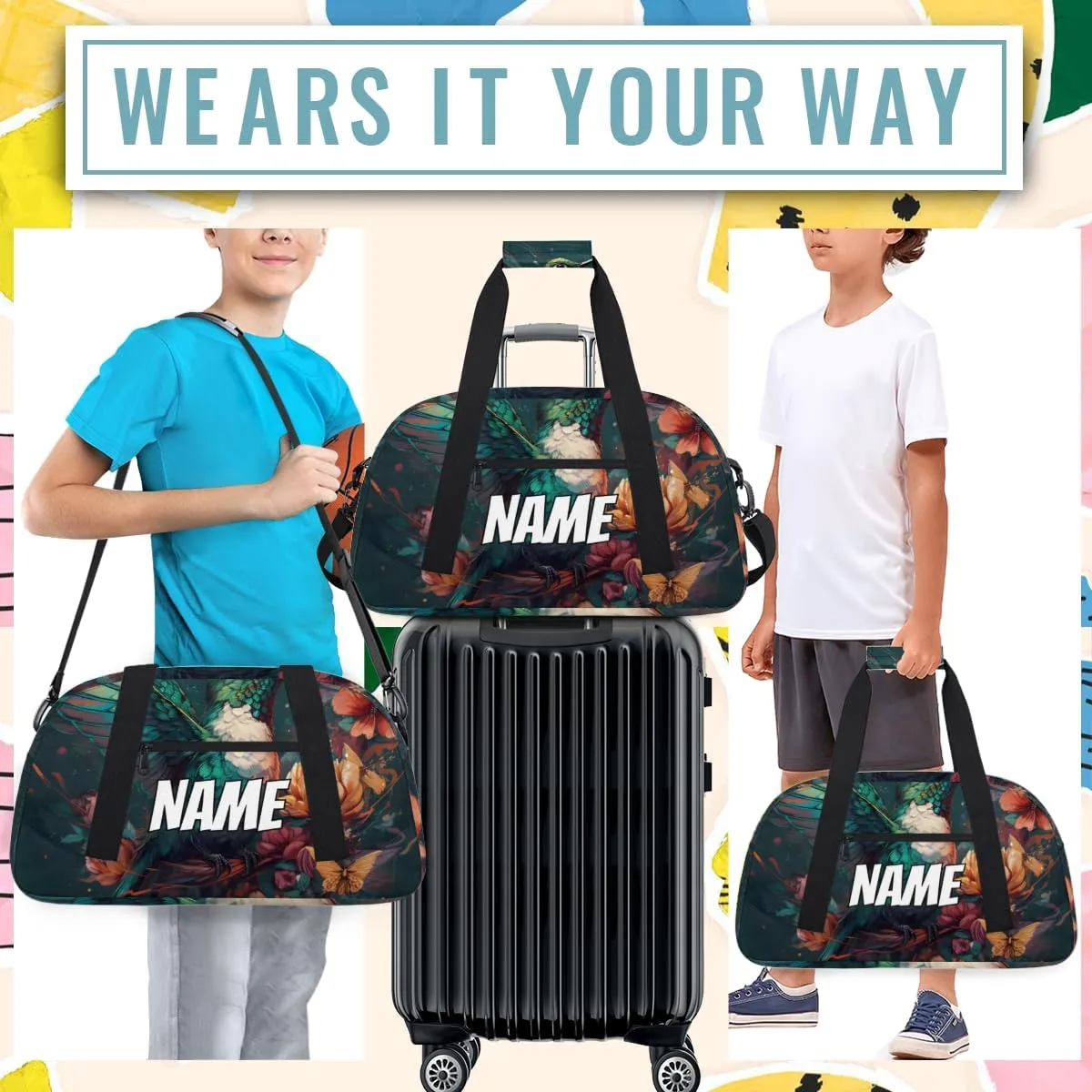 Personalized Custom Gym Bag for Women Men Carry on Lovely Hummingbird Travel Duffel Tote Blossom Floral Overnight Workout Weekender Bag