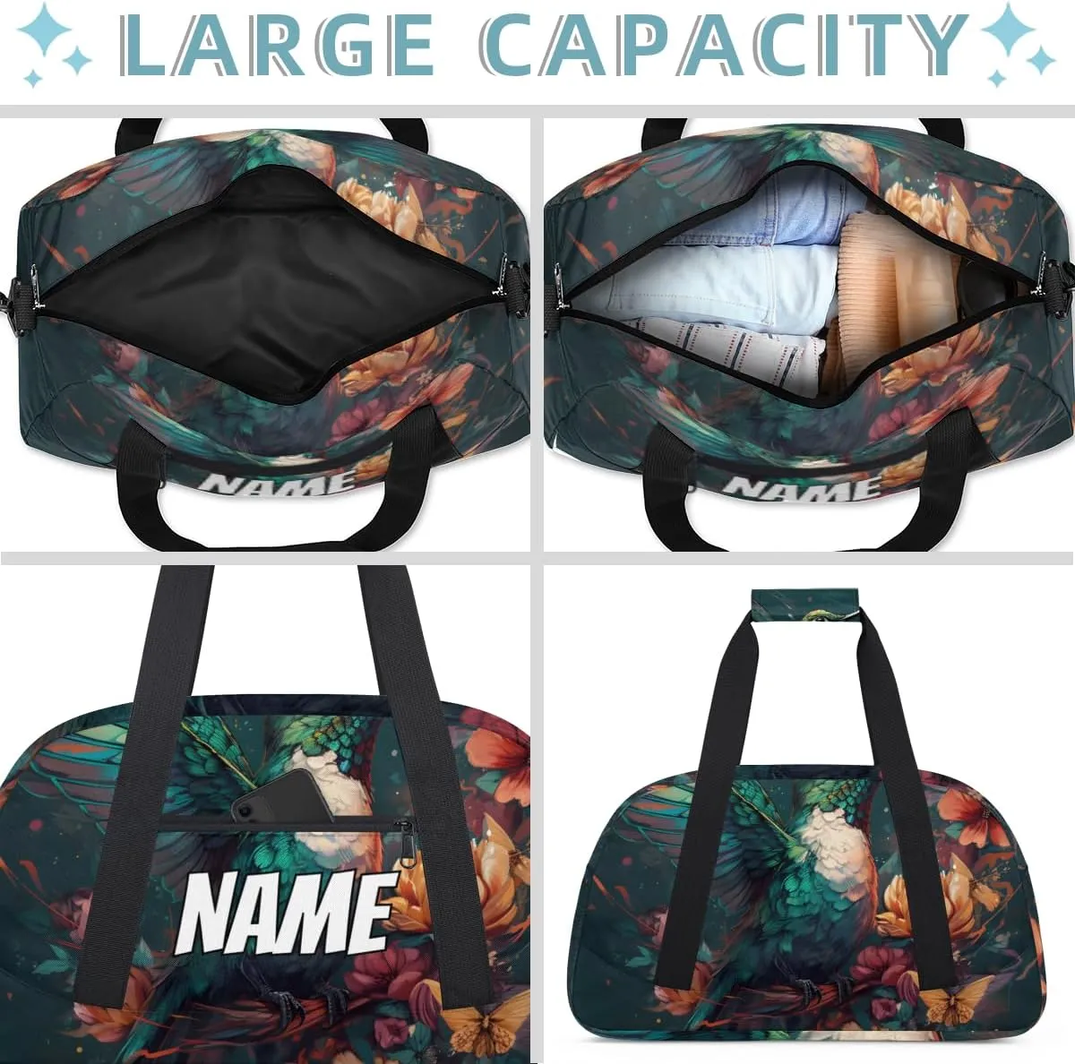Personalized Custom Gym Bag for Women Men Carry on Lovely Hummingbird Travel Duffel Tote Blossom Floral Overnight Workout Weekender Bag