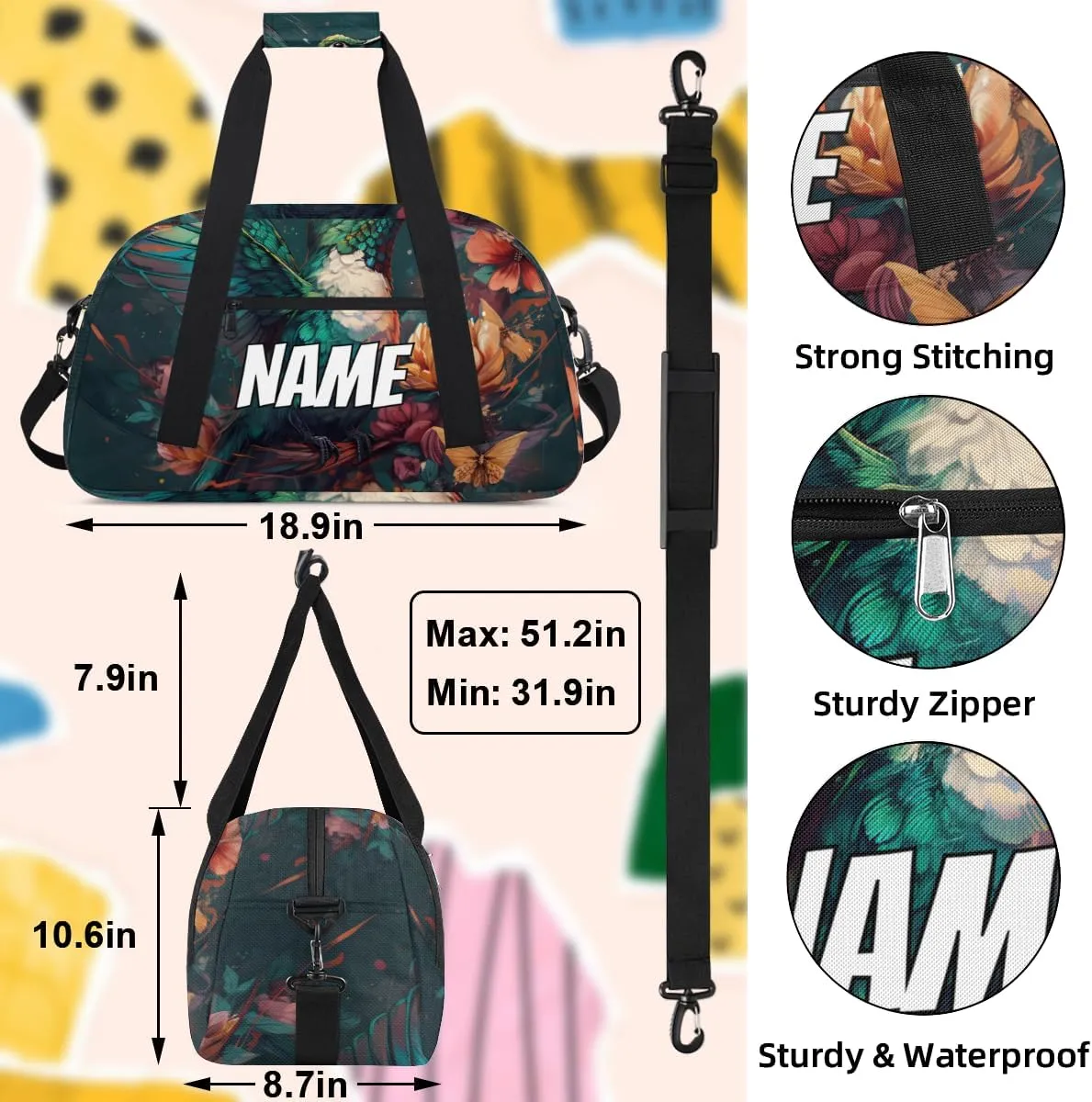 Personalized Custom Gym Bag for Women Men Carry on Lovely Hummingbird Travel Duffel Tote Blossom Floral Overnight Workout Weekender Bag