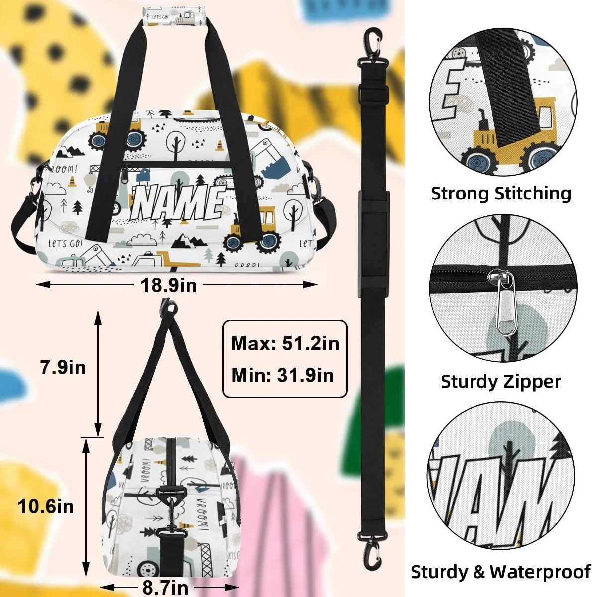 Personalized Custom Gym Bag for Women Men Carry on Mechanical Truck Excavator Travel Duffel Tote Car Truck Overnight Workout Weekender Bag