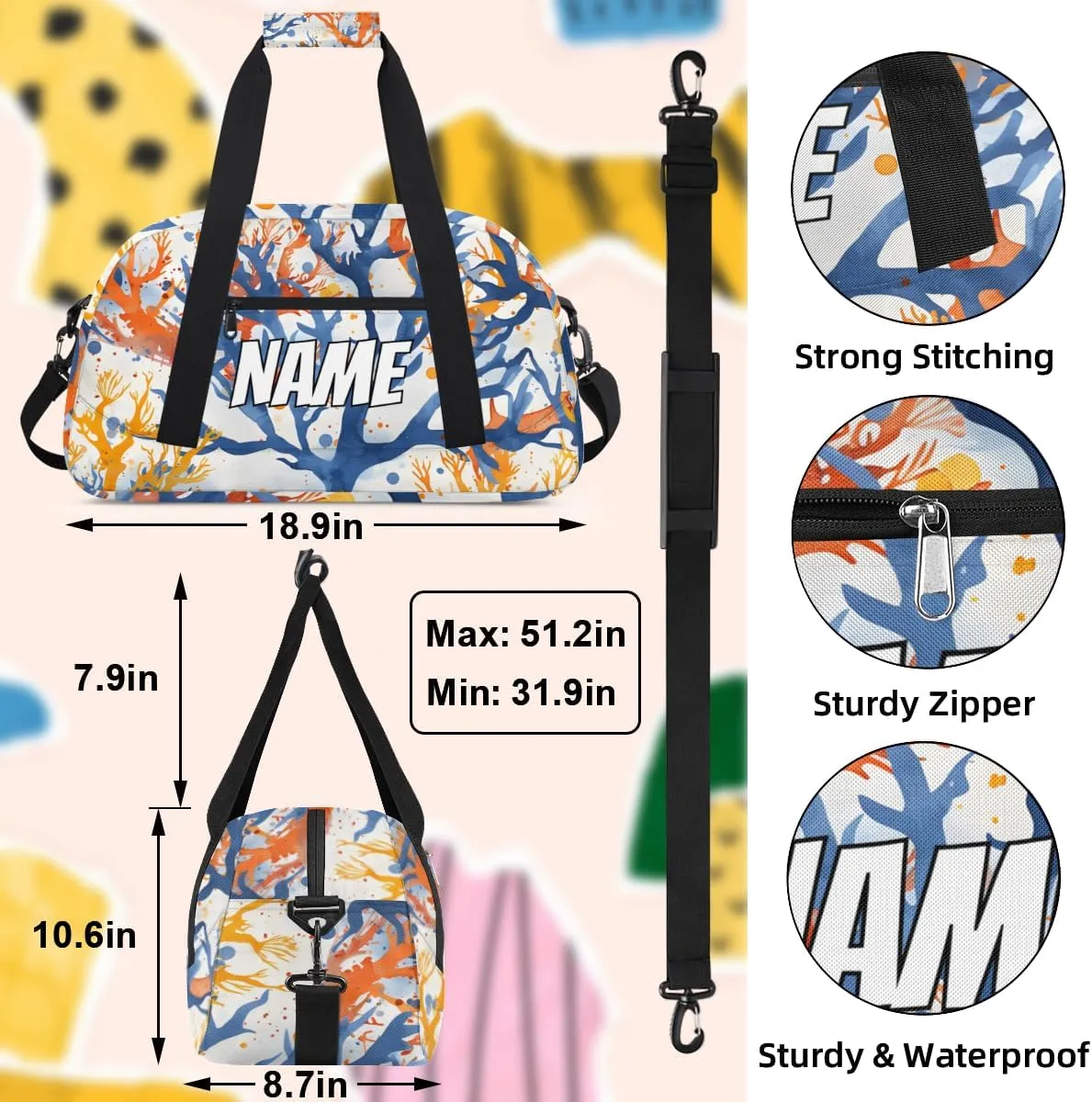 Personalized Custom Gym Bag for Women Men Carry on Nautical Coral Travel Duffel Tote Coastal Ocean Overnight Workout Weekender Bag