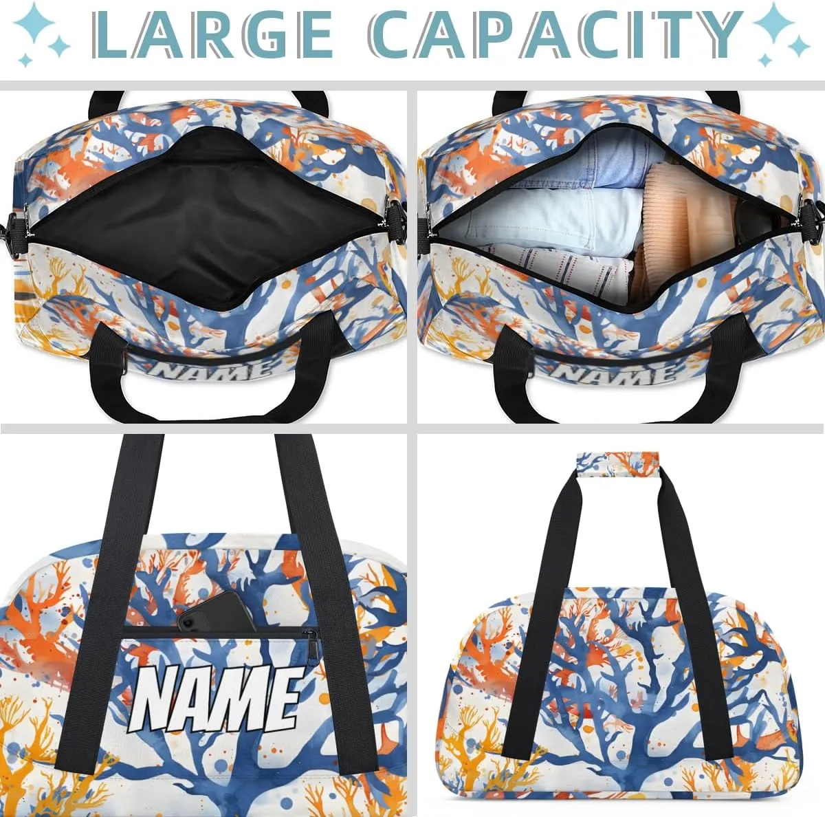Personalized Custom Gym Bag for Women Men Carry on Nautical Coral Travel Duffel Tote Coastal Ocean Overnight Workout Weekender Bag