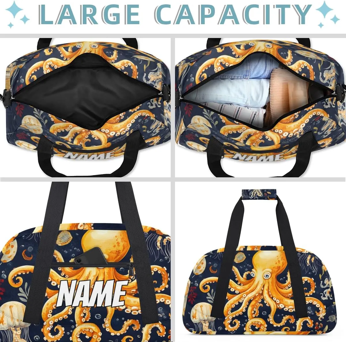 Personalized Custom Gym Bag for Women Men Carry on Ocean Octopus Travel Duffel Tote Sea Life Overnight Workout Weekender Bag