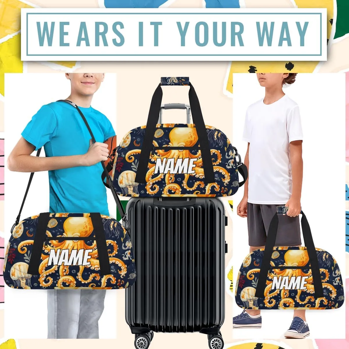 Personalized Custom Gym Bag for Women Men Carry on Ocean Octopus Travel Duffel Tote Sea Life Overnight Workout Weekender Bag