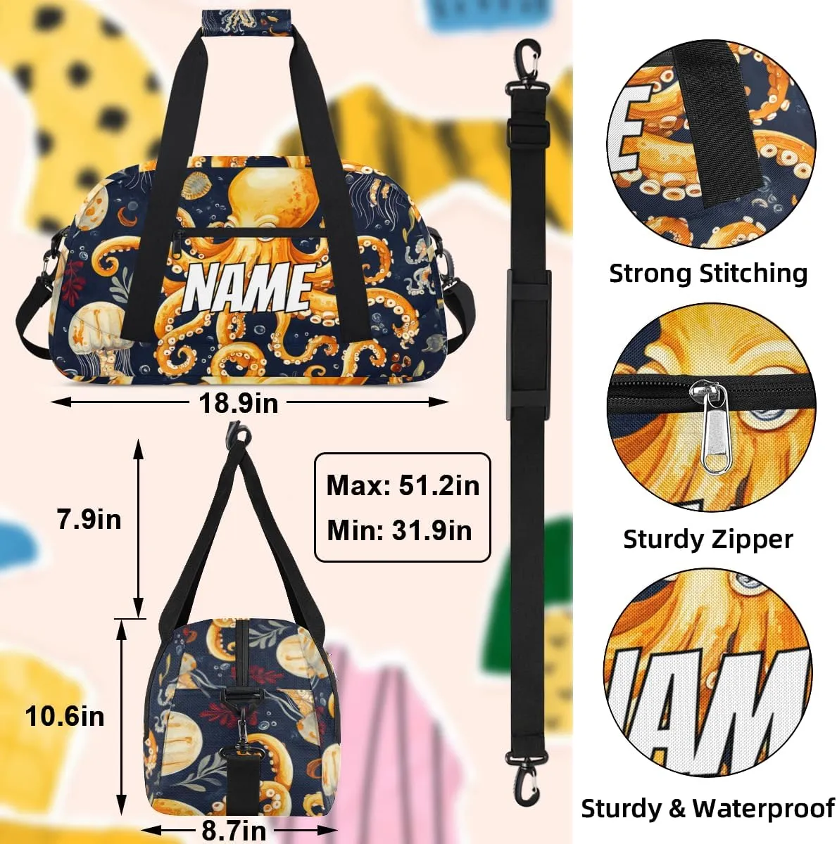 Personalized Custom Gym Bag for Women Men Carry on Ocean Octopus Travel Duffel Tote Sea Life Overnight Workout Weekender Bag