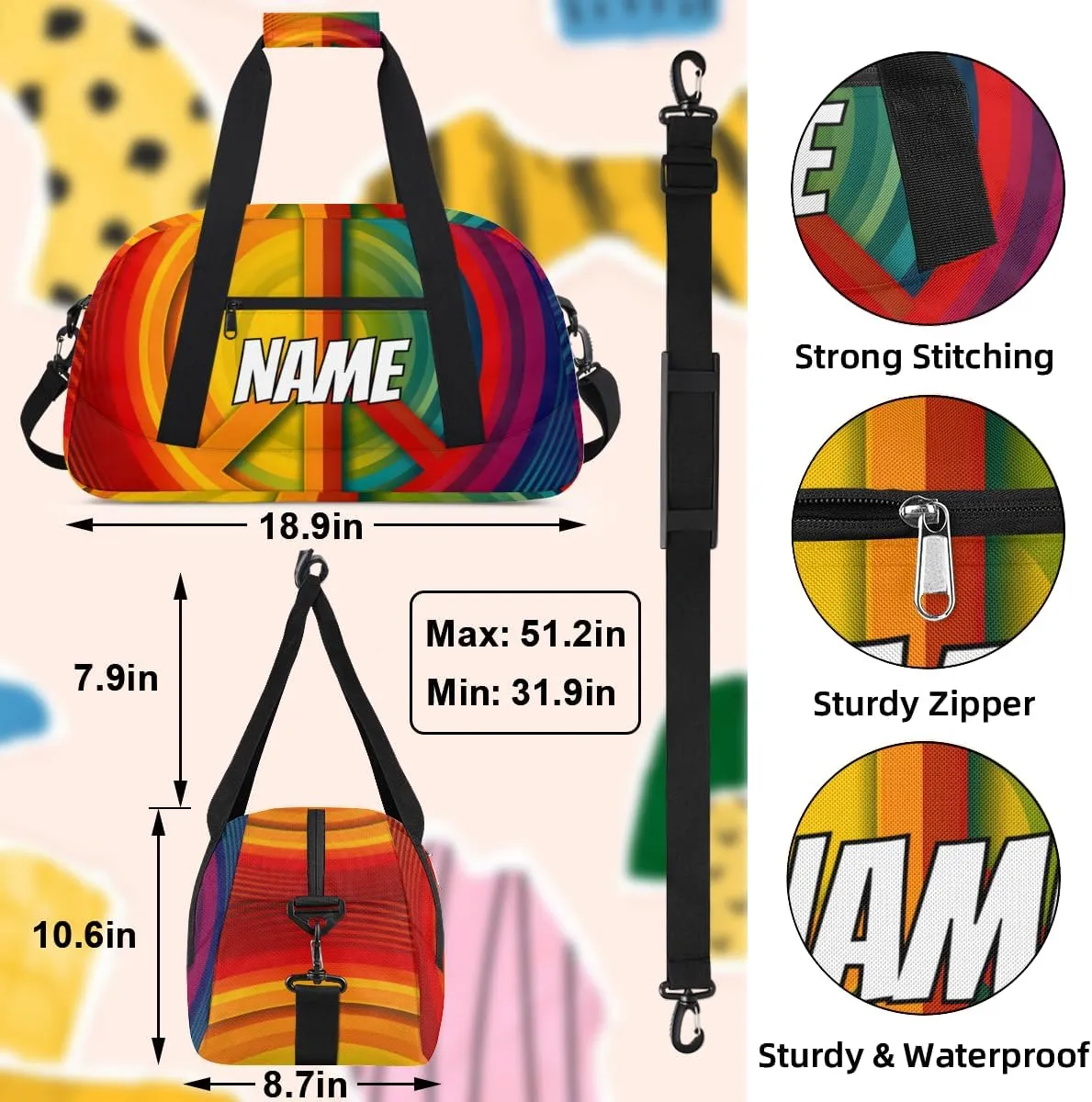 Personalized Custom Gym Bag for Women Men Carry on Peace Symbol Travel Duffel Tote Colorful Hippie Overnight Workout Weekender Bag