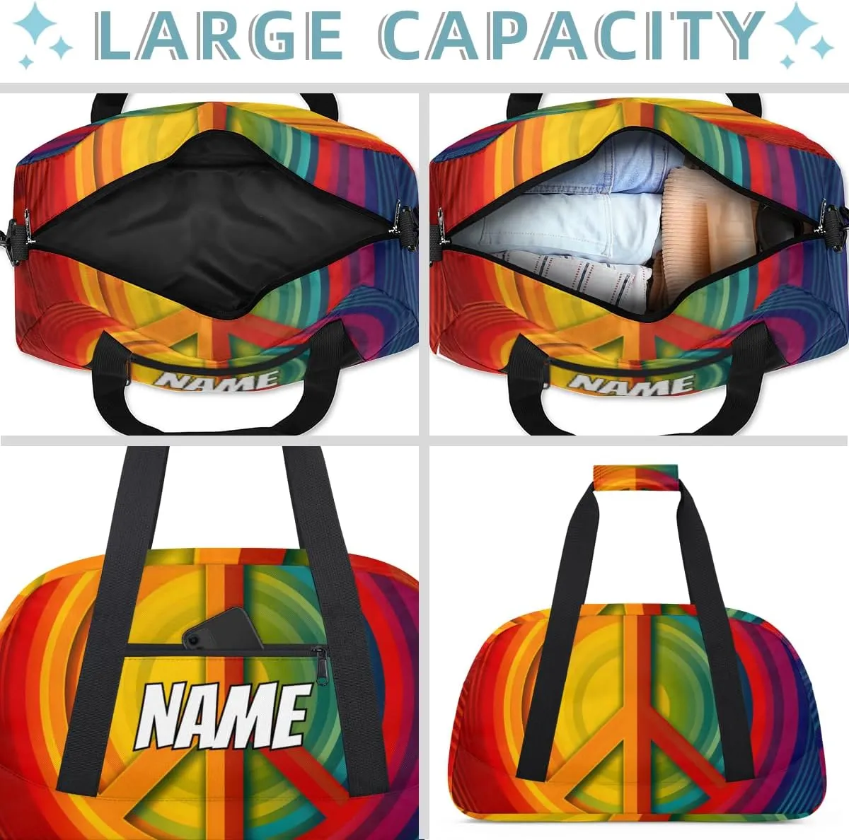 Personalized Custom Gym Bag for Women Men Carry on Peace Symbol Travel Duffel Tote Colorful Hippie Overnight Workout Weekender Bag
