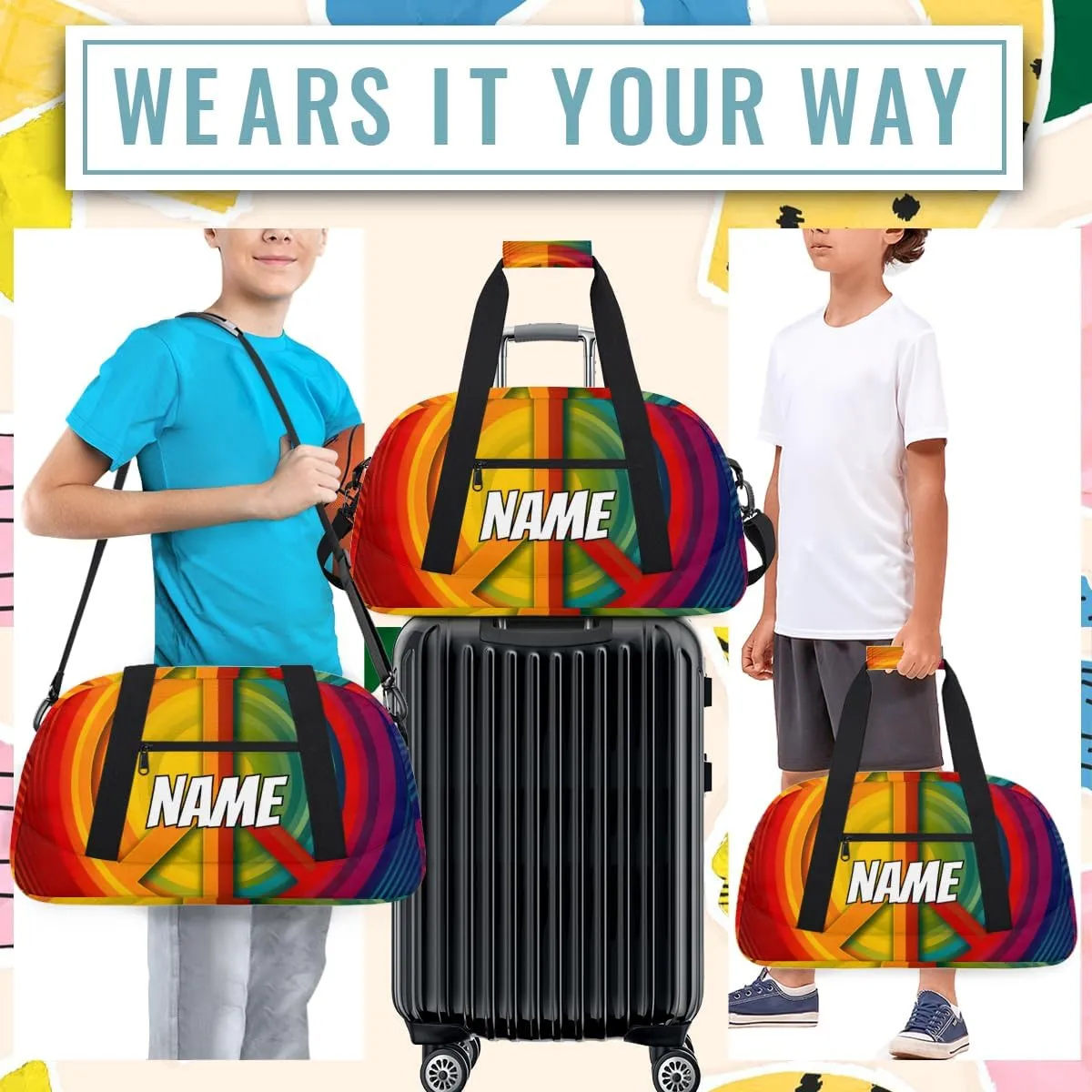 Personalized Custom Gym Bag for Women Men Carry on Peace Symbol Travel Duffel Tote Colorful Hippie Overnight Workout Weekender Bag