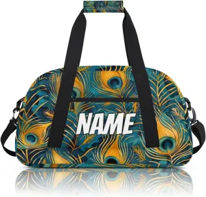 Personalized Custom Gym Bag for Women Men Carry on Peacock Feather Travel Duffel Tote Vintage Retro Feather Overnight Workout Weekender Bag