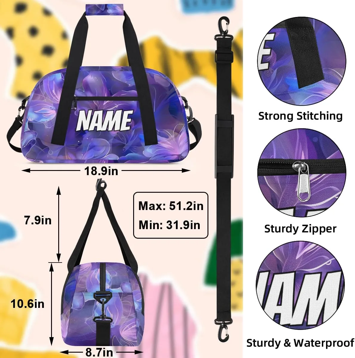 Personalized Custom Gym Bag for Women Men Carry on Purple Butterfly Travel Duffel Tote Butterflies Overnight Workout Weekender Bag